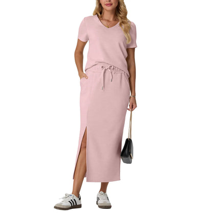 Elevate Your Summer Wardrobe with GRECERELLE's Stylish 2-Piece V-Neck Top and Midi Skirt Set