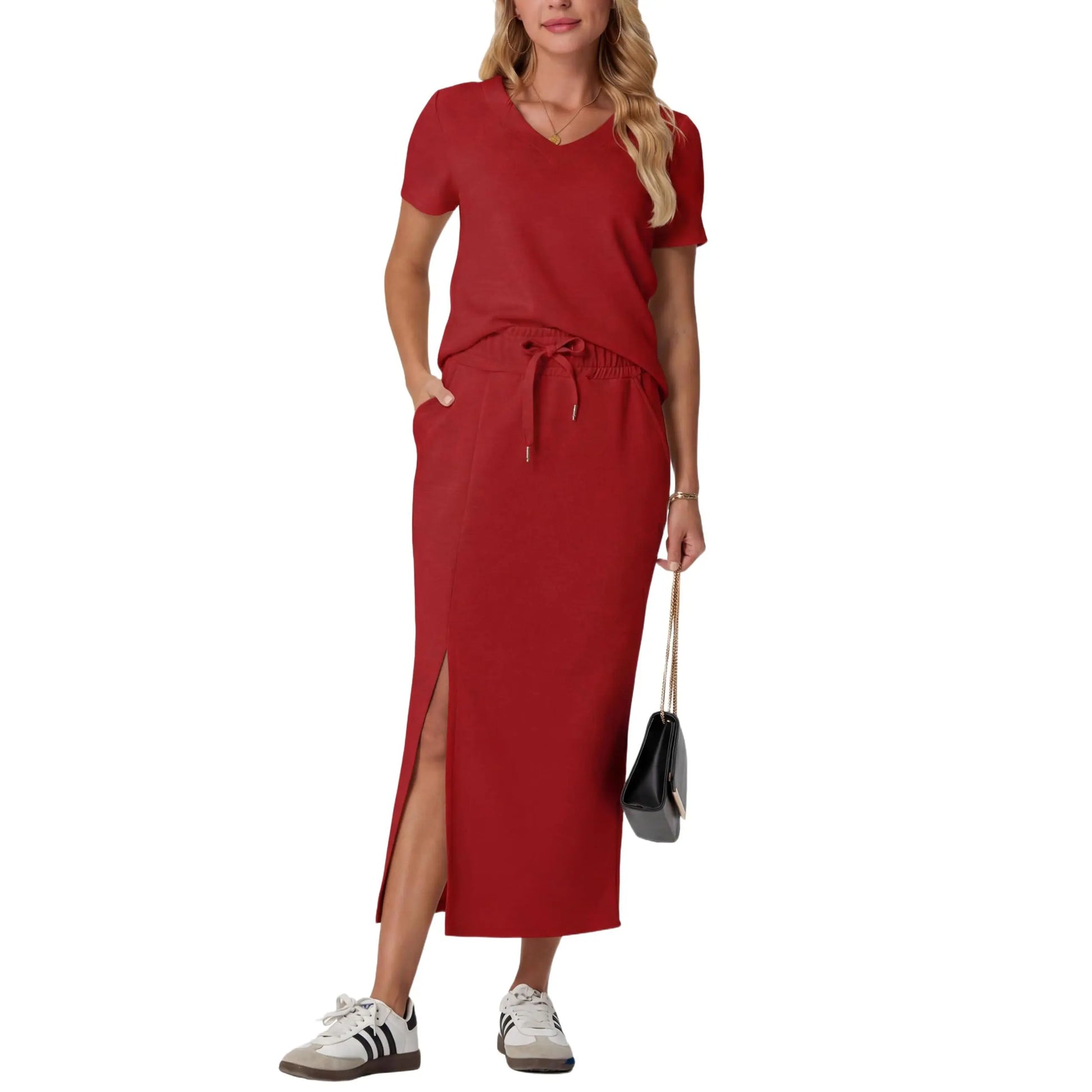 Elevate Your Summer Wardrobe with GRECERELLE's Stylish 2-Piece V-Neck Top and Midi Skirt Set