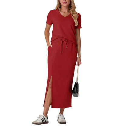 Elevate Your Summer Wardrobe with GRECERELLE's Stylish 2-Piece V-Neck Top and Midi Skirt Set