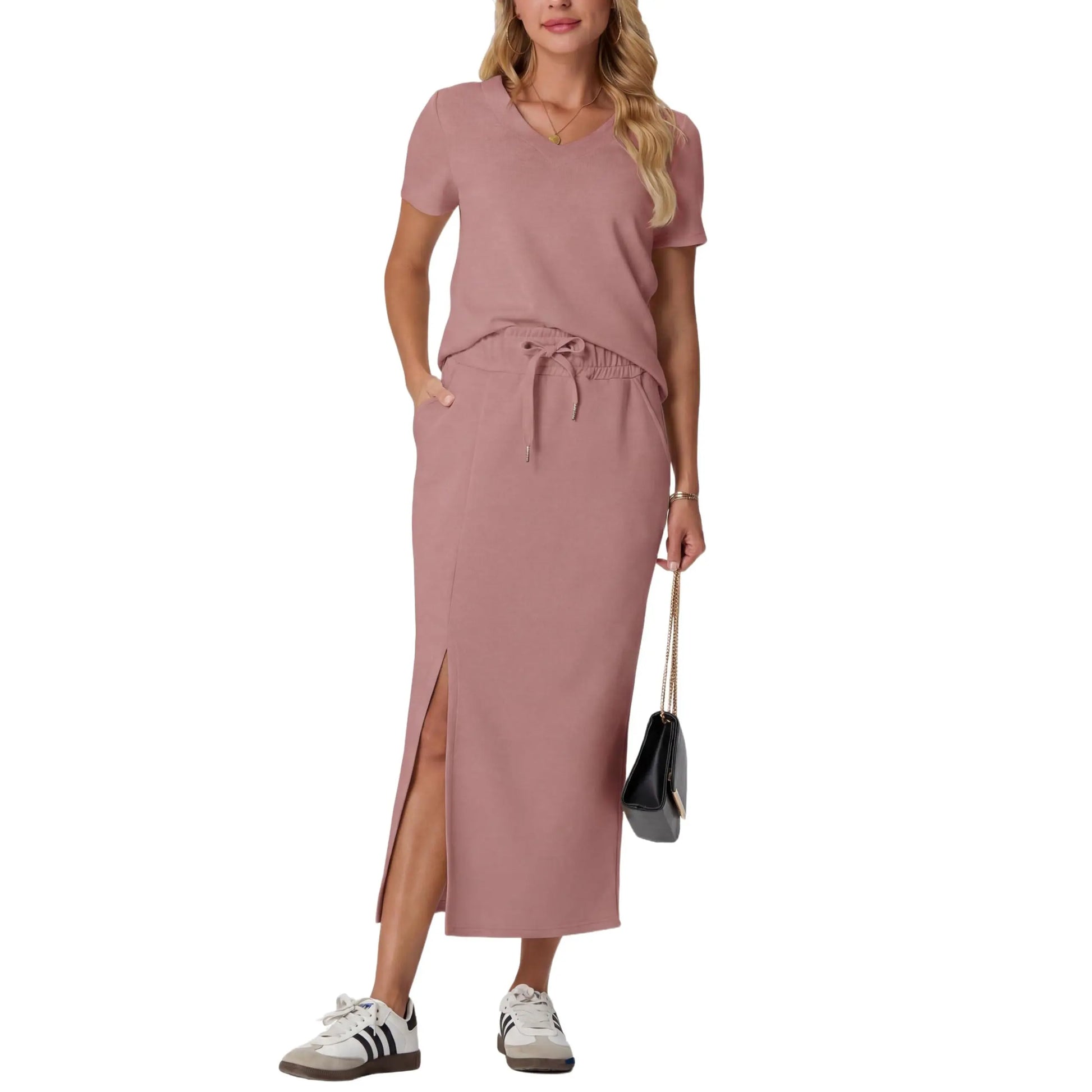 Elevate Your Summer Wardrobe with GRECERELLE's Stylish 2-Piece V-Neck Top and Midi Skirt Set