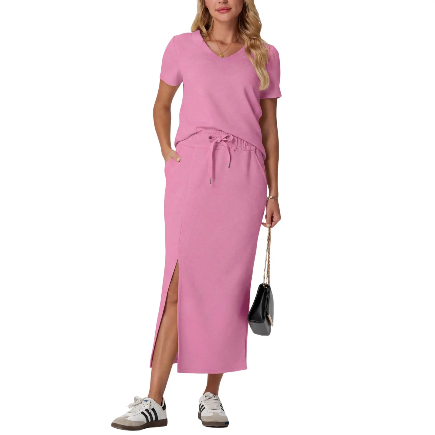 Elevate Your Summer Wardrobe with GRECERELLE's Stylish 2-Piece V-Neck Top and Midi Skirt Set