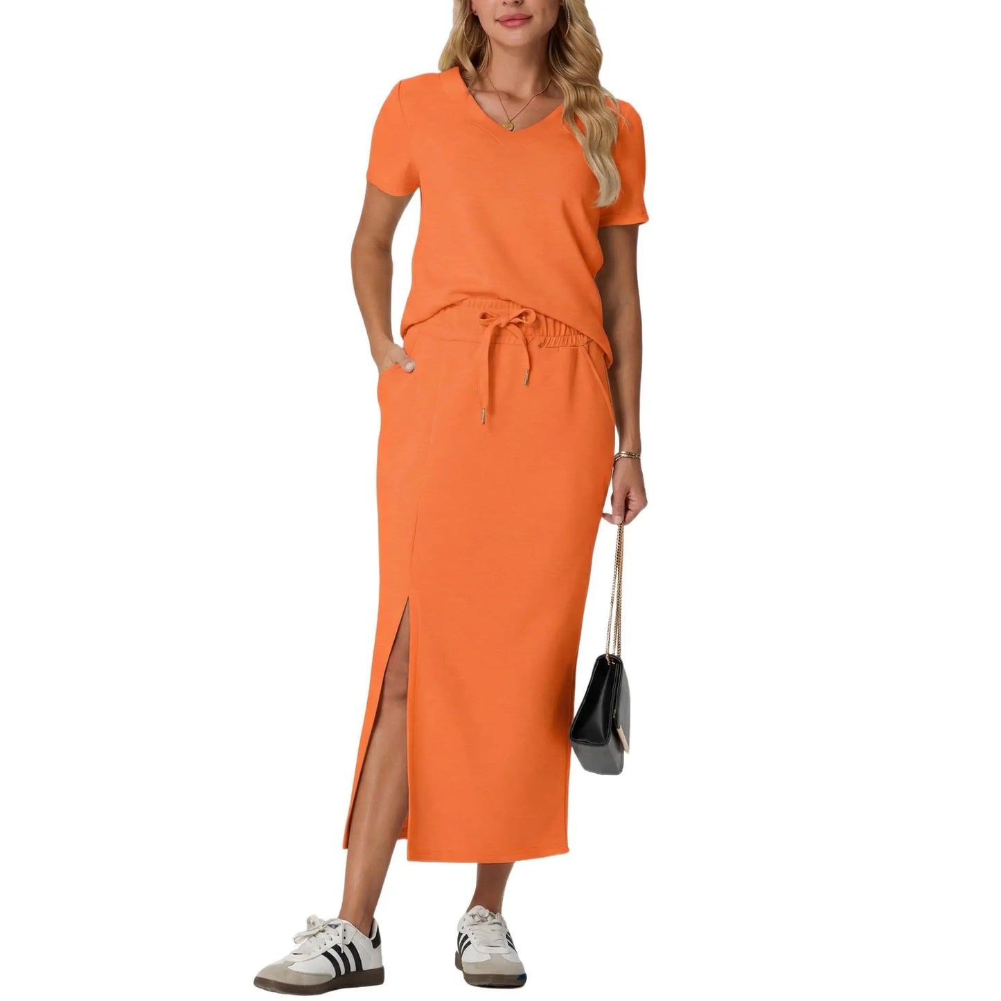 Elevate Your Summer Wardrobe with GRECERELLE's Stylish 2-Piece V-Neck Top and Midi Skirt Set