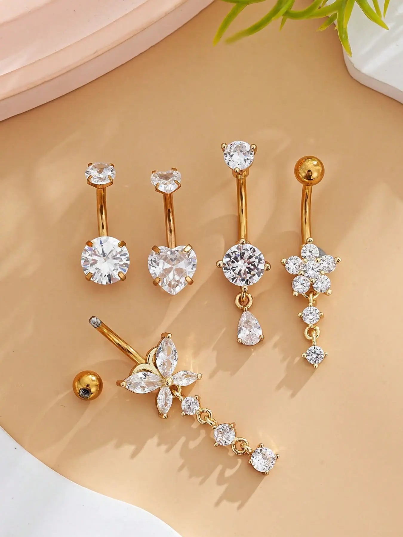 Stunning Stainless Steel Belly Button Rings Set - 18K Gold Plated Navel Piercing Jewelry with Dazzling Butterfly, Water Drop, and Heart Shaped Zirconia Stones for Women