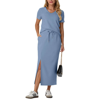 Elevate Your Summer Wardrobe with GRECERELLE's Stylish 2-Piece V-Neck Top and Midi Skirt Set