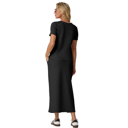 Elevate Your Summer Wardrobe with GRECERELLE's Stylish 2-Piece V-Neck Top and Midi Skirt Set