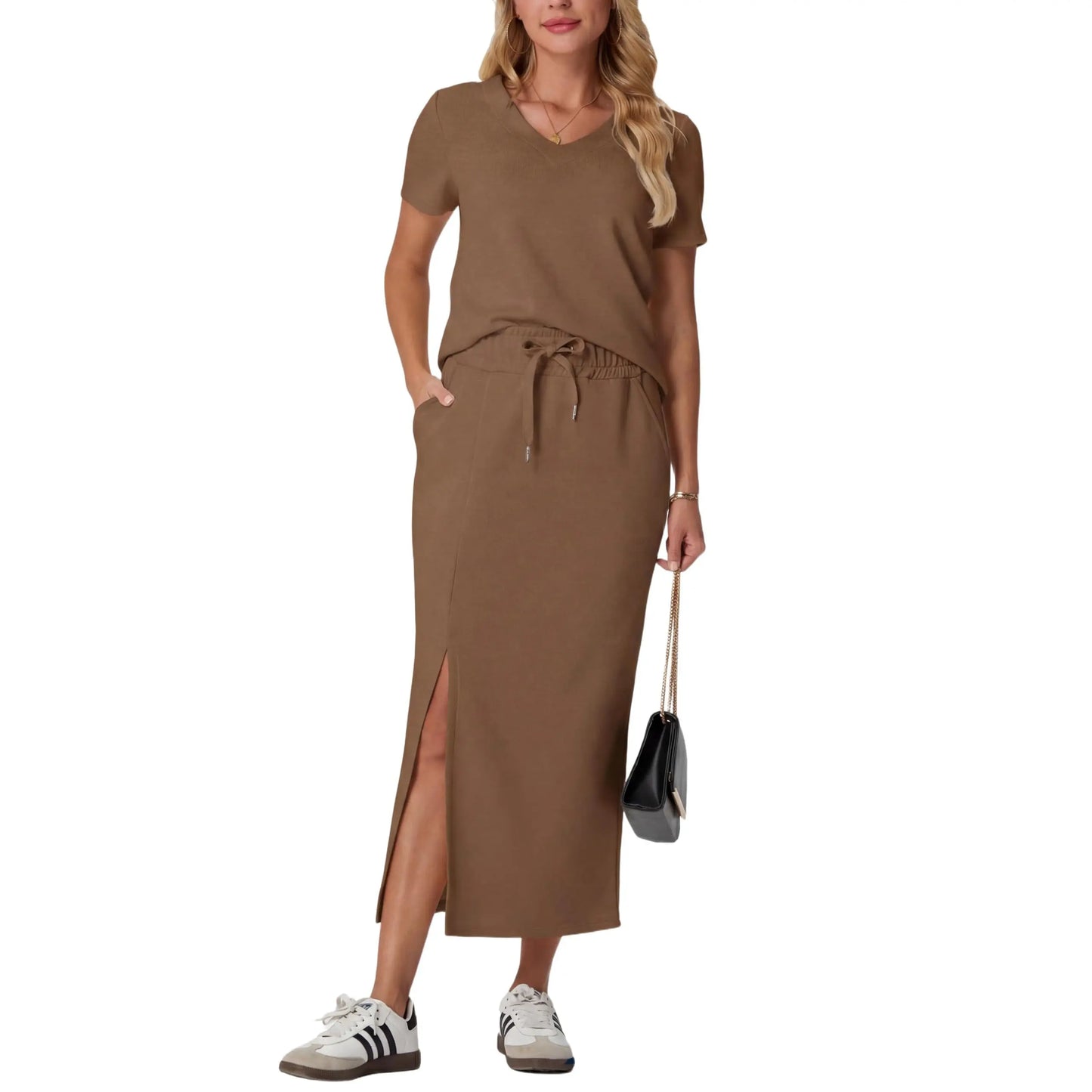 Elevate Your Summer Wardrobe with GRECERELLE's Stylish 2-Piece V-Neck Top and Midi Skirt Set