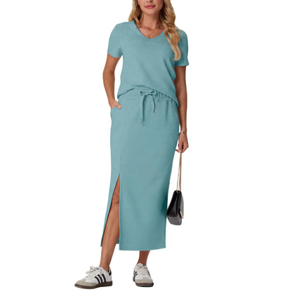 Elevate Your Summer Wardrobe with GRECERELLE's Stylish 2-Piece V-Neck Top and Midi Skirt Set