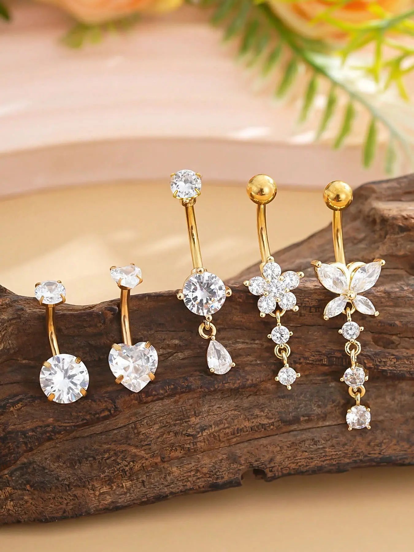 Stunning Stainless Steel Belly Button Rings Set - 18K Gold Plated Navel Piercing Jewelry with Dazzling Butterfly, Water Drop, and Heart Shaped Zirconia Stones for Women