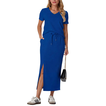 Elevate Your Summer Wardrobe with GRECERELLE's Stylish 2-Piece V-Neck Top and Midi Skirt Set