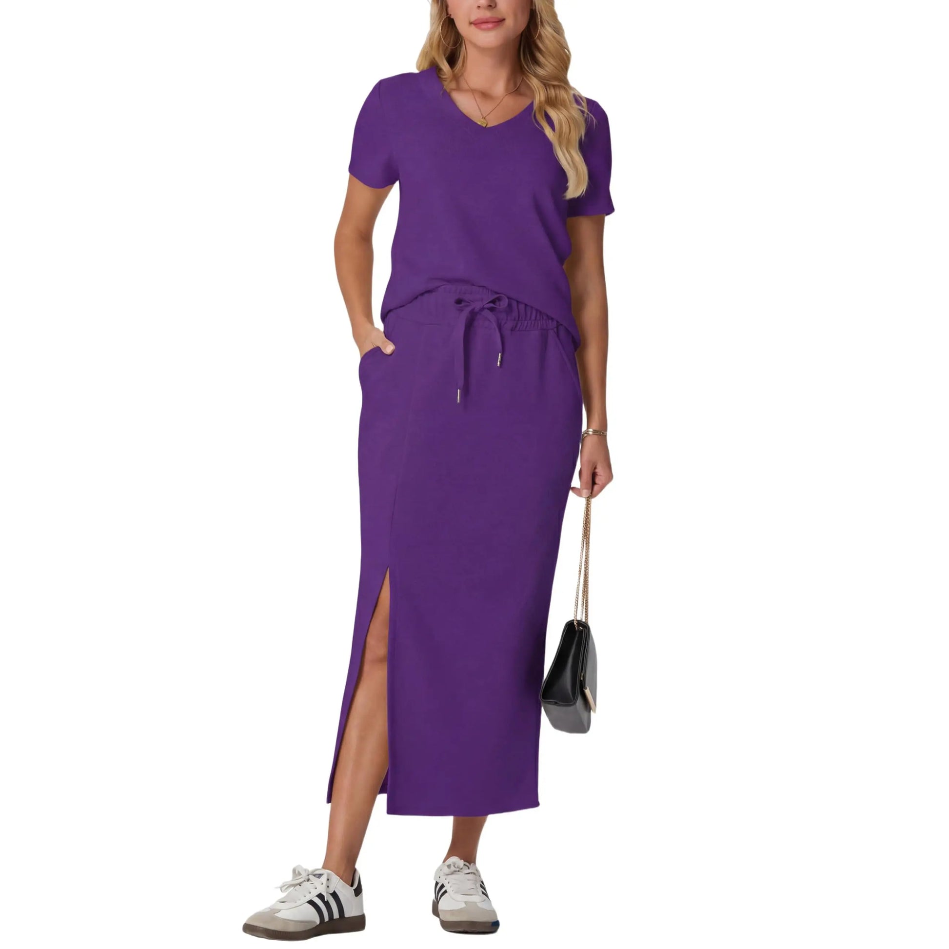 Elevate Your Summer Wardrobe with GRECERELLE's Stylish 2-Piece V-Neck Top and Midi Skirt Set