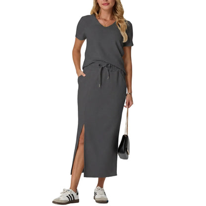 Elevate Your Summer Wardrobe with GRECERELLE's Stylish 2-Piece V-Neck Top and Midi Skirt Set