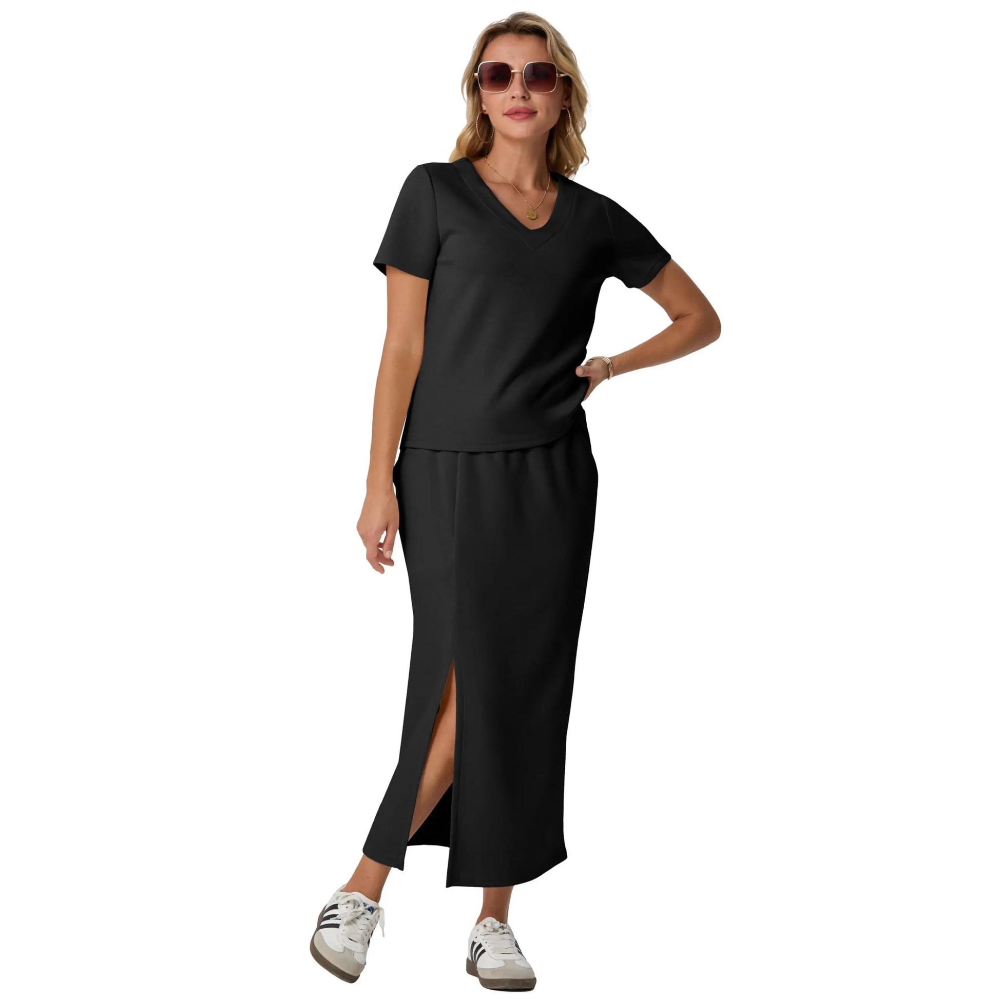 Elevate Your Summer Wardrobe with GRECERELLE's Stylish 2-Piece V-Neck Top and Midi Skirt Set