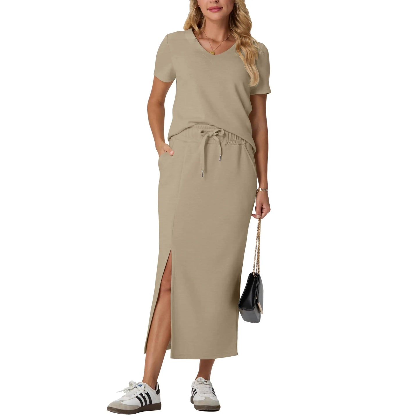 Elevate Your Summer Wardrobe with GRECERELLE's Stylish 2-Piece V-Neck Top and Midi Skirt Set