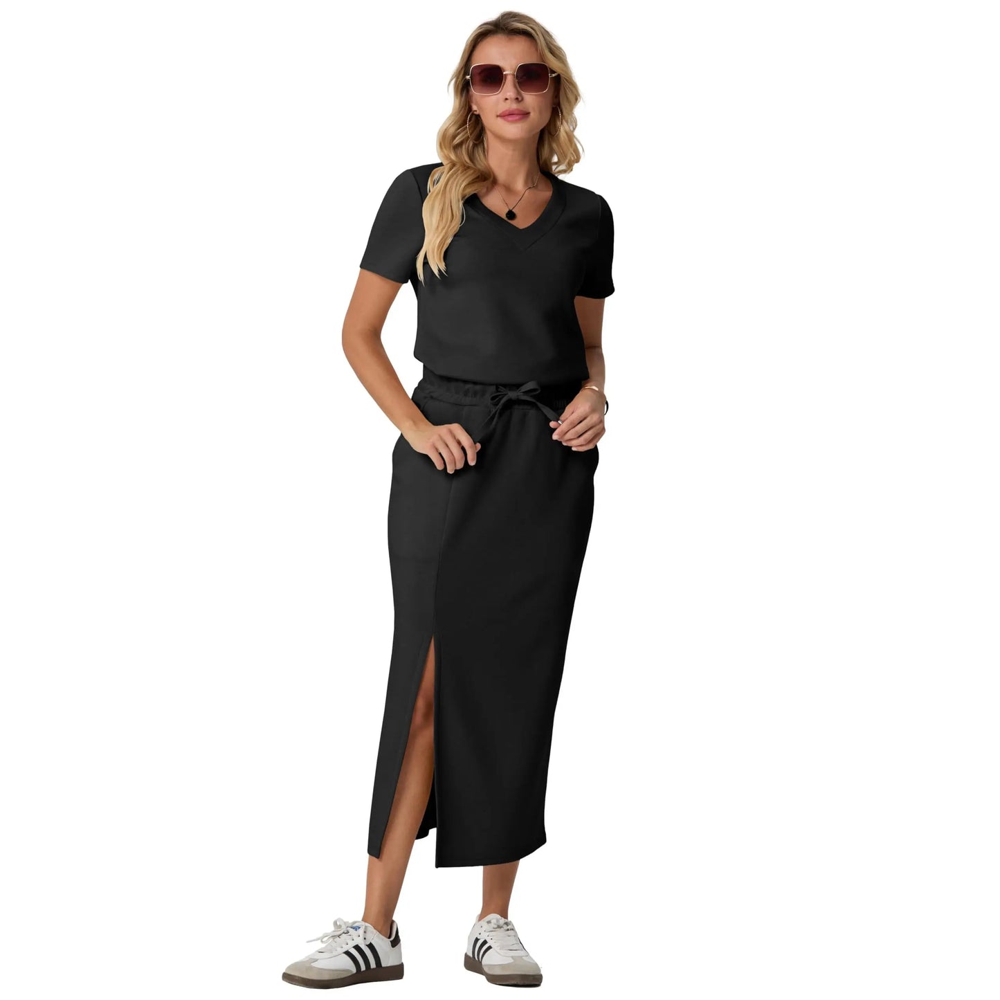 Elevate Your Summer Wardrobe with GRECERELLE's Stylish 2-Piece V-Neck Top and Midi Skirt Set