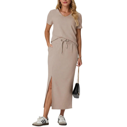 Elevate Your Summer Wardrobe with GRECERELLE's Stylish 2-Piece V-Neck Top and Midi Skirt Set