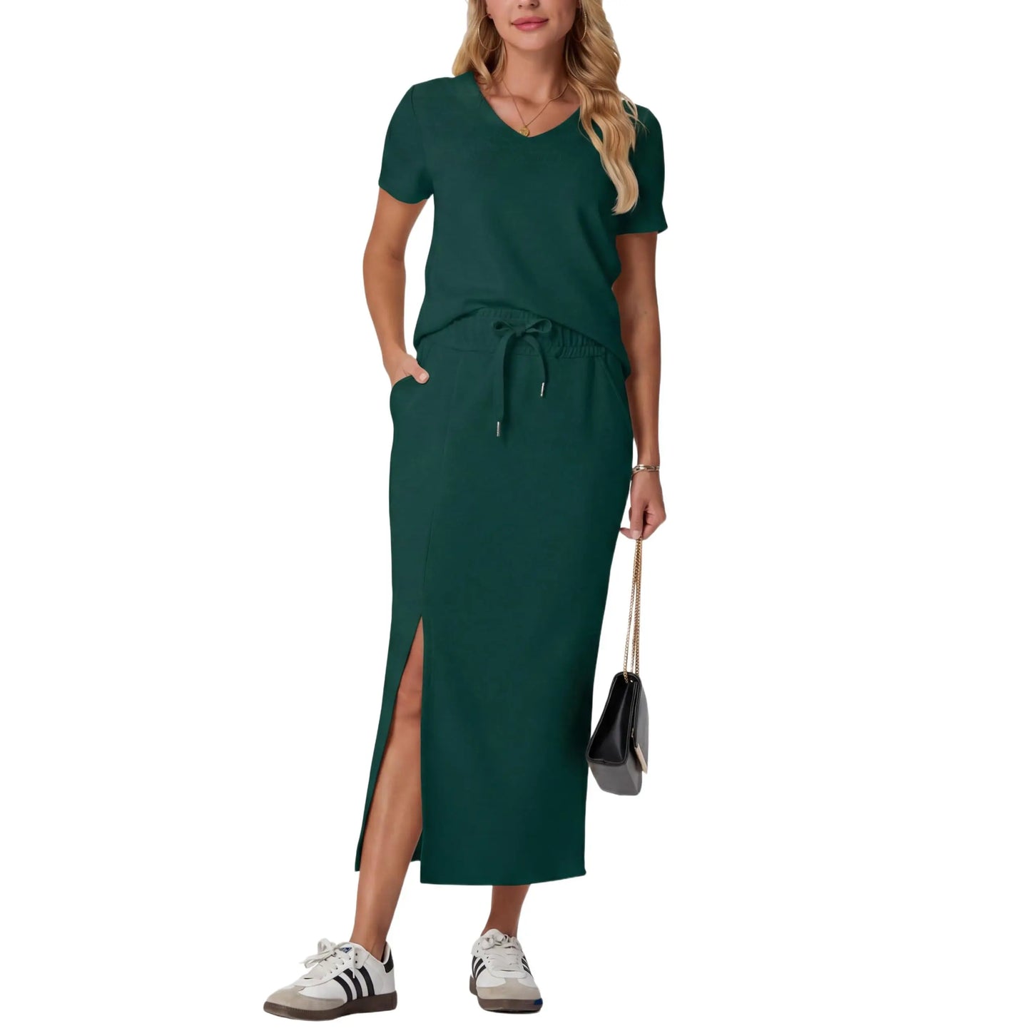 Elevate Your Summer Wardrobe with GRECERELLE's Stylish 2-Piece V-Neck Top and Midi Skirt Set