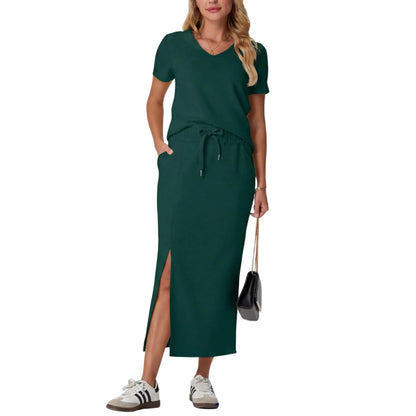 Elevate Your Summer Wardrobe with GRECERELLE's Stylish 2-Piece V-Neck Top and Midi Skirt Set