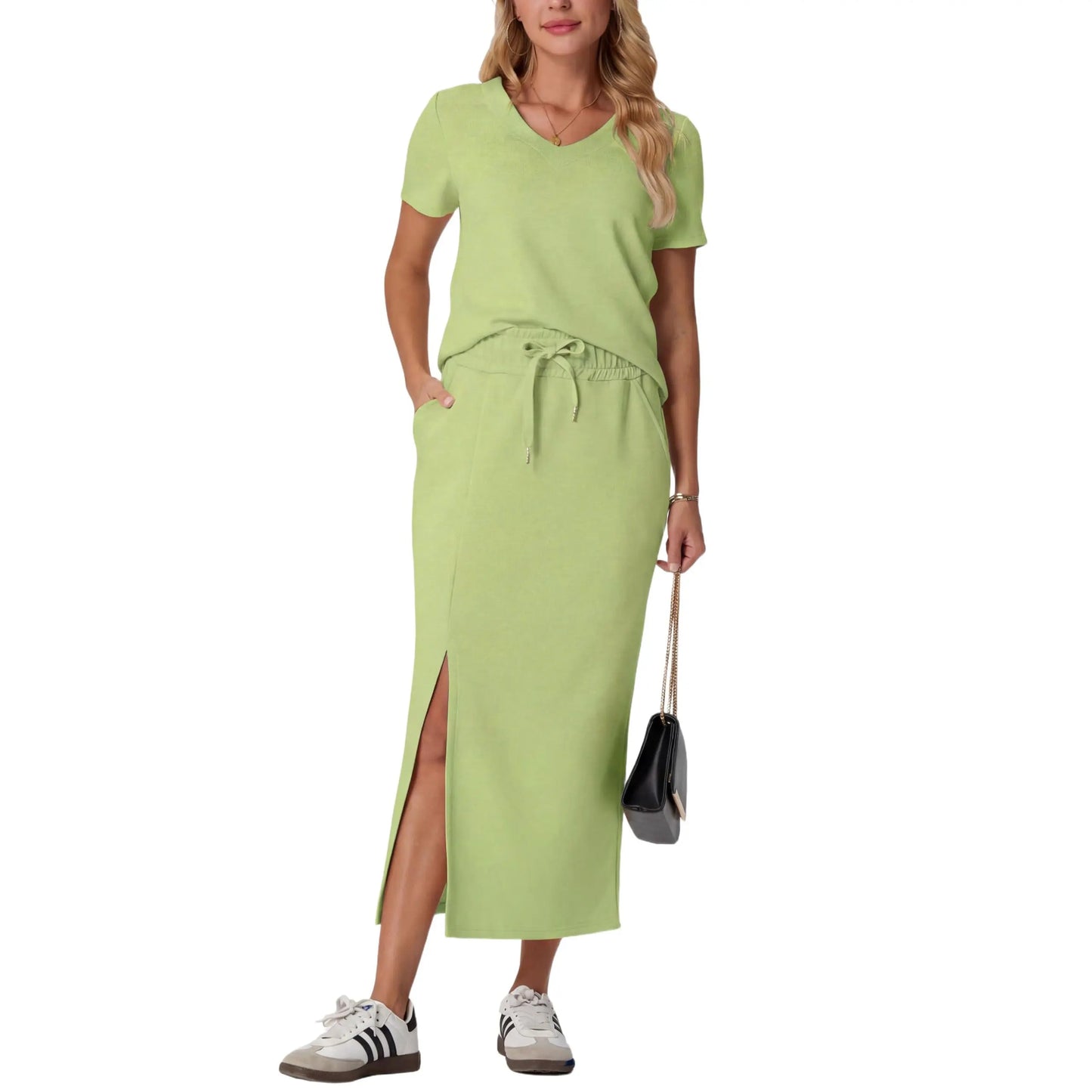 Elevate Your Summer Wardrobe with GRECERELLE's Stylish 2-Piece V-Neck Top and Midi Skirt Set