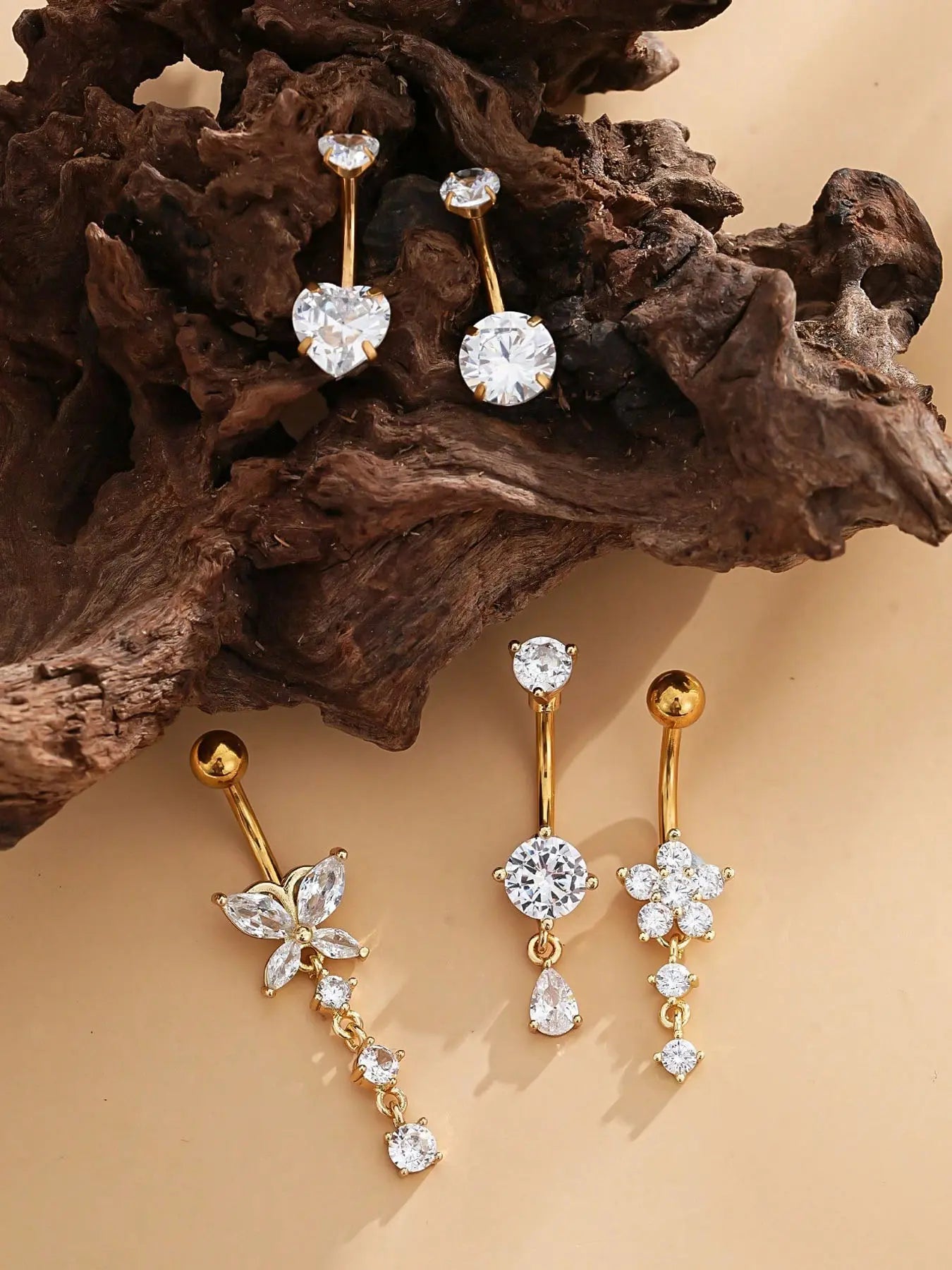 Stunning Stainless Steel Belly Button Rings Set - 18K Gold Plated Navel Piercing Jewelry with Dazzling Butterfly, Water Drop, and Heart Shaped Zirconia Stones for Women
