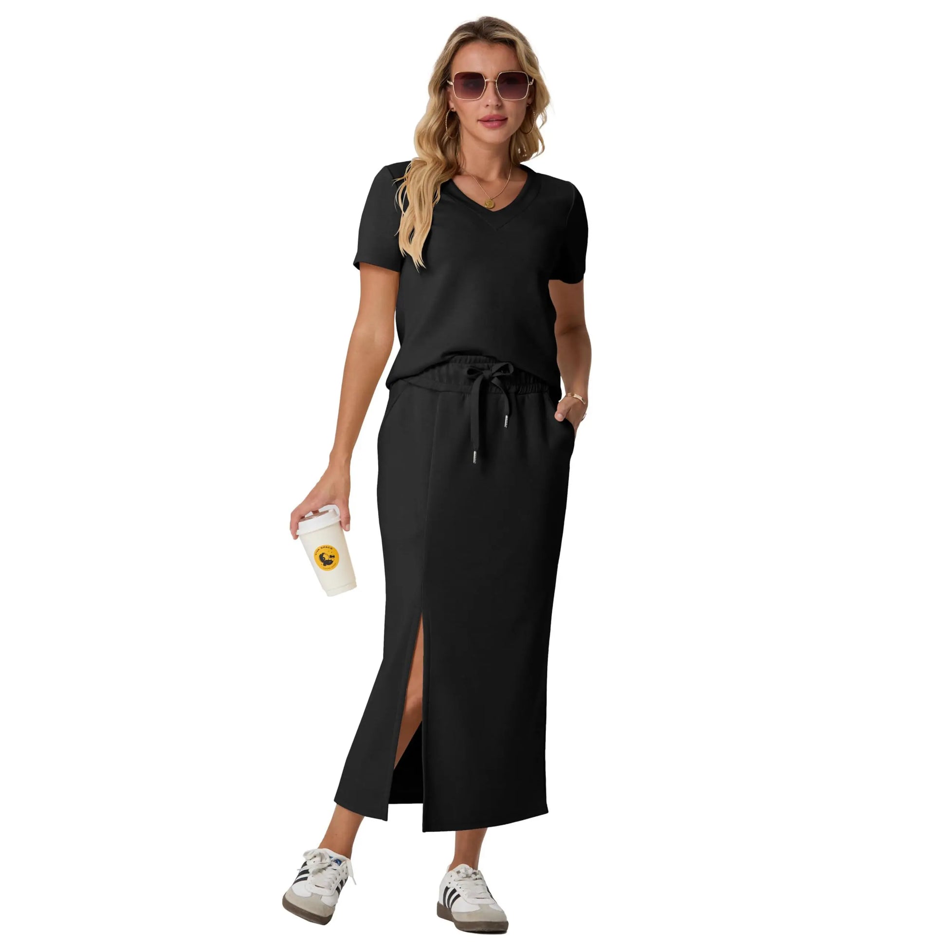 Elevate Your Summer Wardrobe with GRECERELLE's Stylish 2-Piece V-Neck Top and Midi Skirt Set