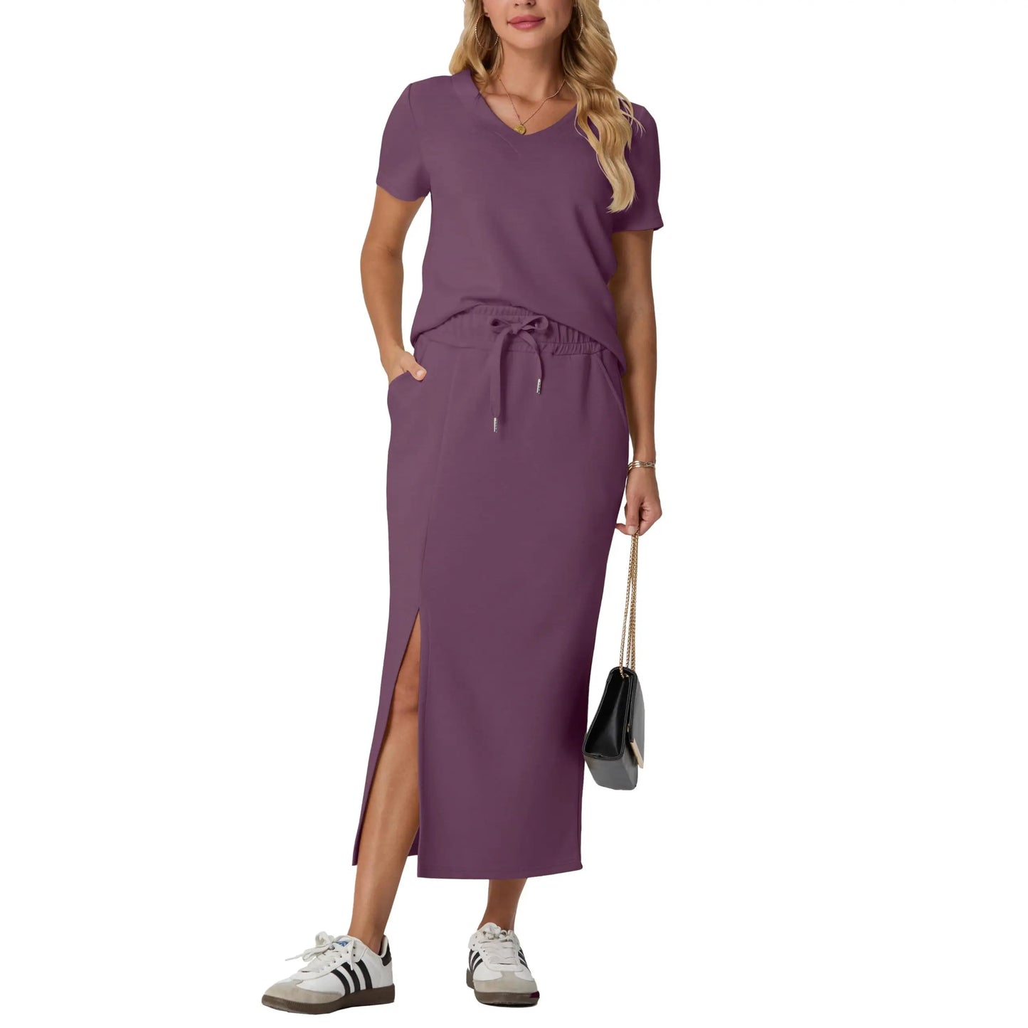 Elevate Your Summer Wardrobe with GRECERELLE's Stylish 2-Piece V-Neck Top and Midi Skirt Set