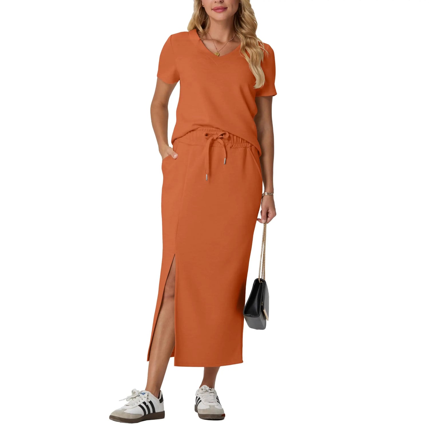 Elevate Your Summer Wardrobe with GRECERELLE's Stylish 2-Piece V-Neck Top and Midi Skirt Set