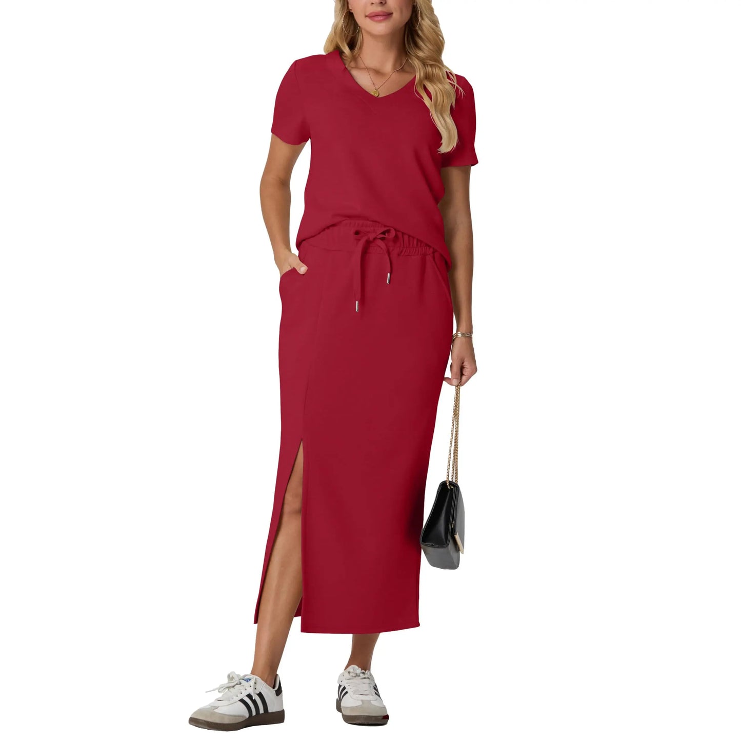 Elevate Your Summer Wardrobe with GRECERELLE's Stylish 2-Piece V-Neck Top and Midi Skirt Set