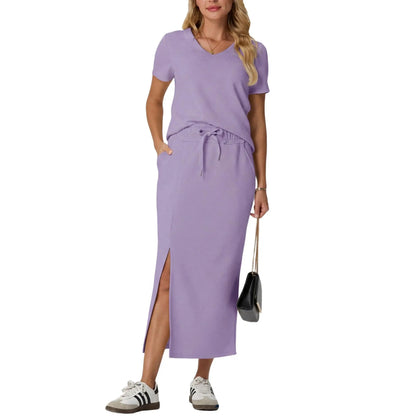 Elevate Your Summer Wardrobe with GRECERELLE's Stylish 2-Piece V-Neck Top and Midi Skirt Set