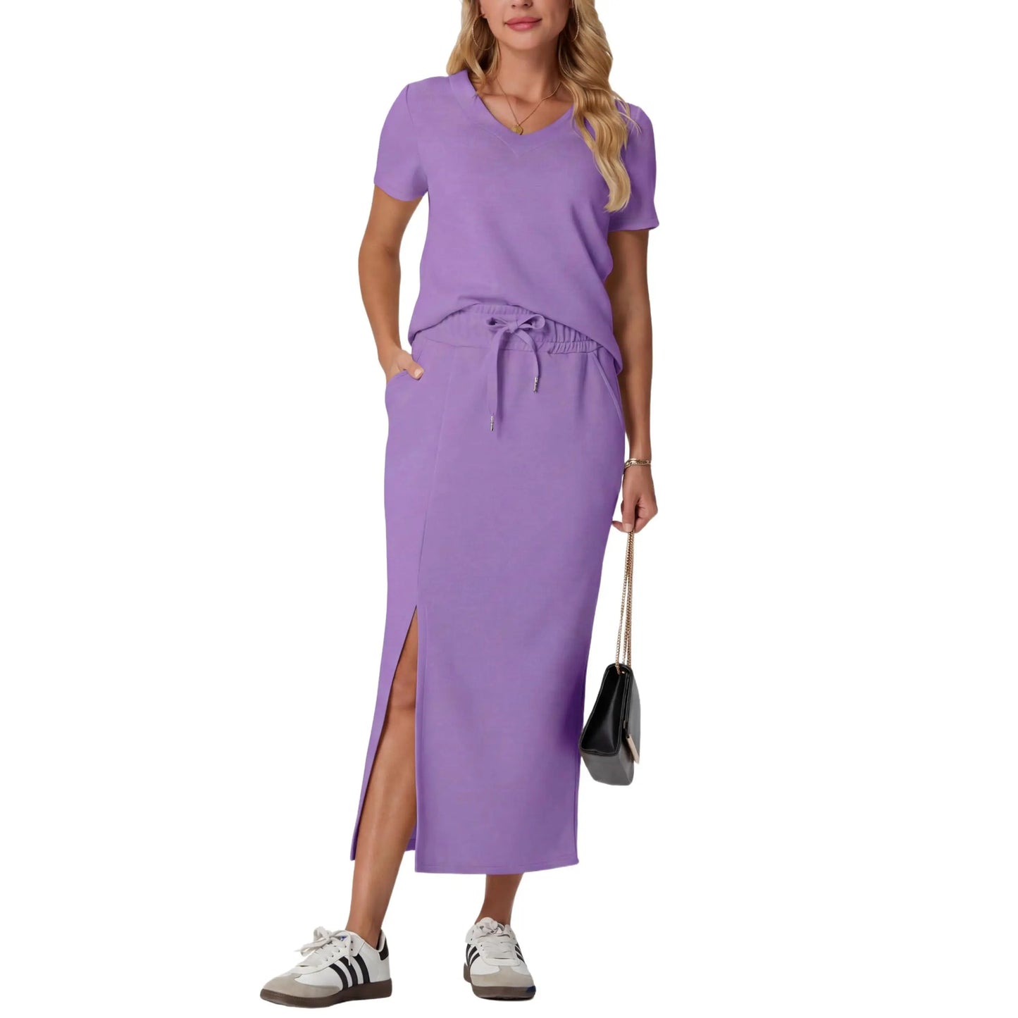 Elevate Your Summer Wardrobe with GRECERELLE's Stylish 2-Piece V-Neck Top and Midi Skirt Set