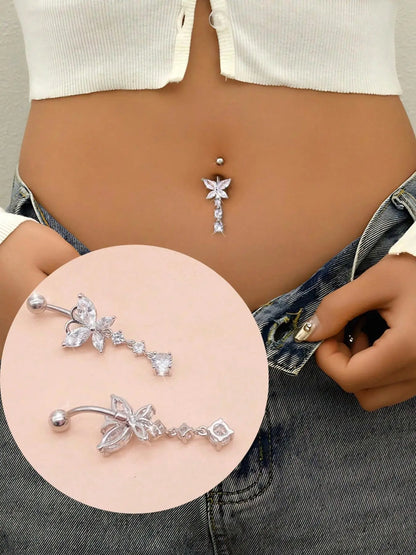 Stunning Stainless Steel Belly Button Rings Set - 18K Gold Plated Navel Piercing Jewelry with Dazzling Butterfly, Water Drop, and Heart Shaped Zirconia Stones for Women