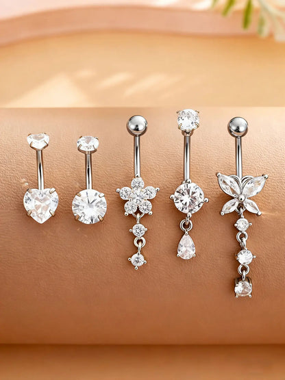 Stunning Stainless Steel Belly Button Rings Set - 18K Gold Plated Navel Piercing Jewelry with Dazzling Butterfly, Water Drop, and Heart Shaped Zirconia Stones for Women