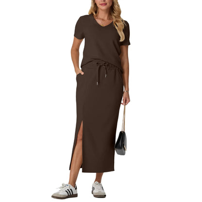 Elevate Your Summer Wardrobe with GRECERELLE's Stylish 2-Piece V-Neck Top and Midi Skirt Set