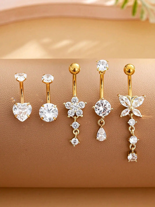 Stunning Stainless Steel Belly Button Rings Set - 18K Gold Plated Navel Piercing Jewelry with Dazzling Butterfly, Water Drop, and Heart Shaped Zirconia Stones for Women