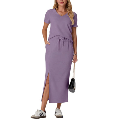 Elevate Your Summer Wardrobe with GRECERELLE's Stylish 2-Piece V-Neck Top and Midi Skirt Set