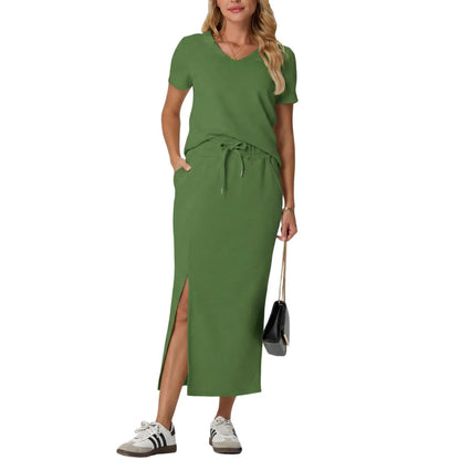 Elevate Your Summer Wardrobe with GRECERELLE's Stylish 2-Piece V-Neck Top and Midi Skirt Set