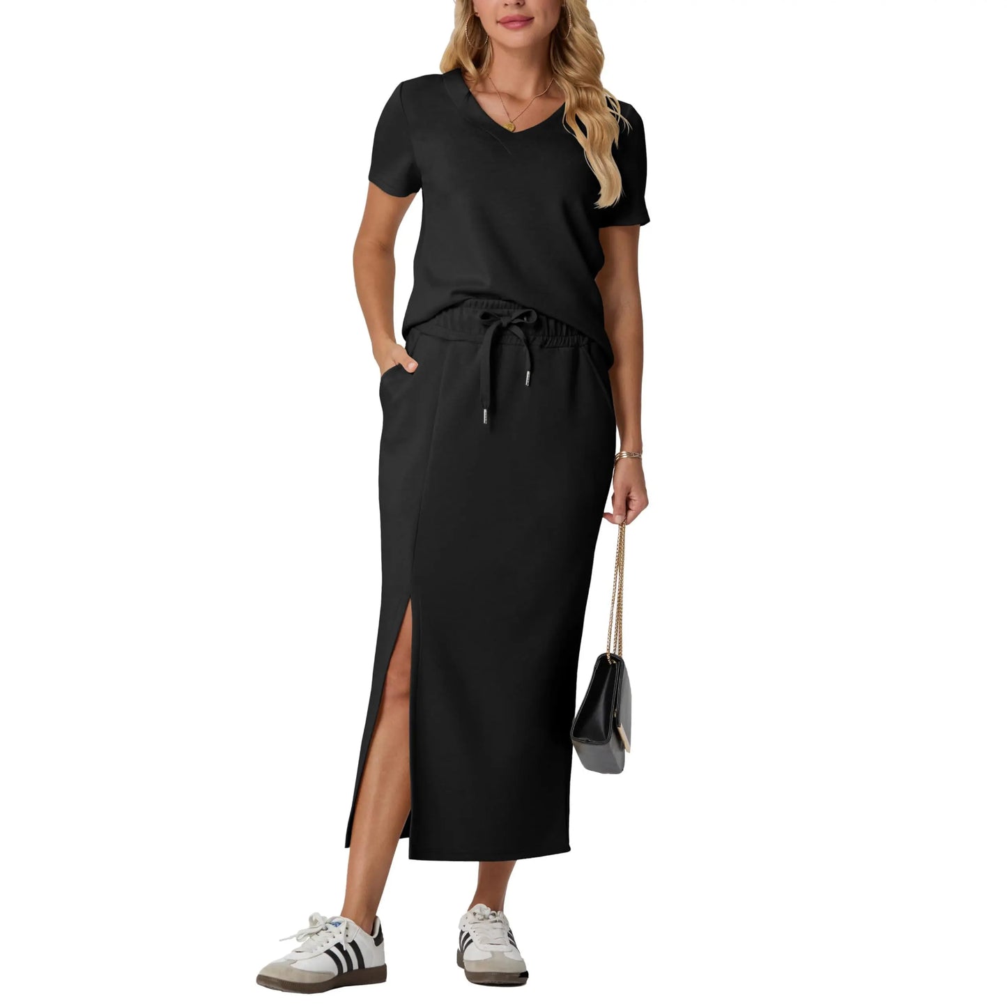 Elevate Your Summer Wardrobe with GRECERELLE's Stylish 2-Piece V-Neck Top and Midi Skirt Set