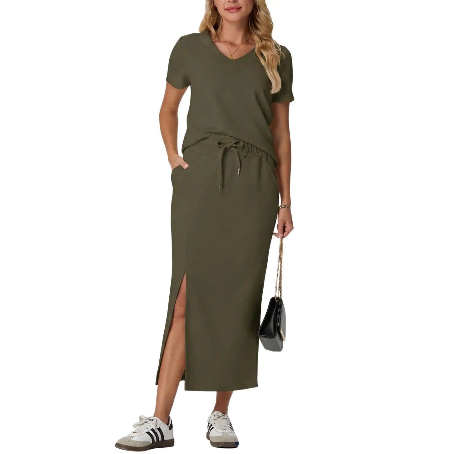 Elevate Your Summer Wardrobe with GRECERELLE's Stylish 2-Piece V-Neck Top and Midi Skirt Set