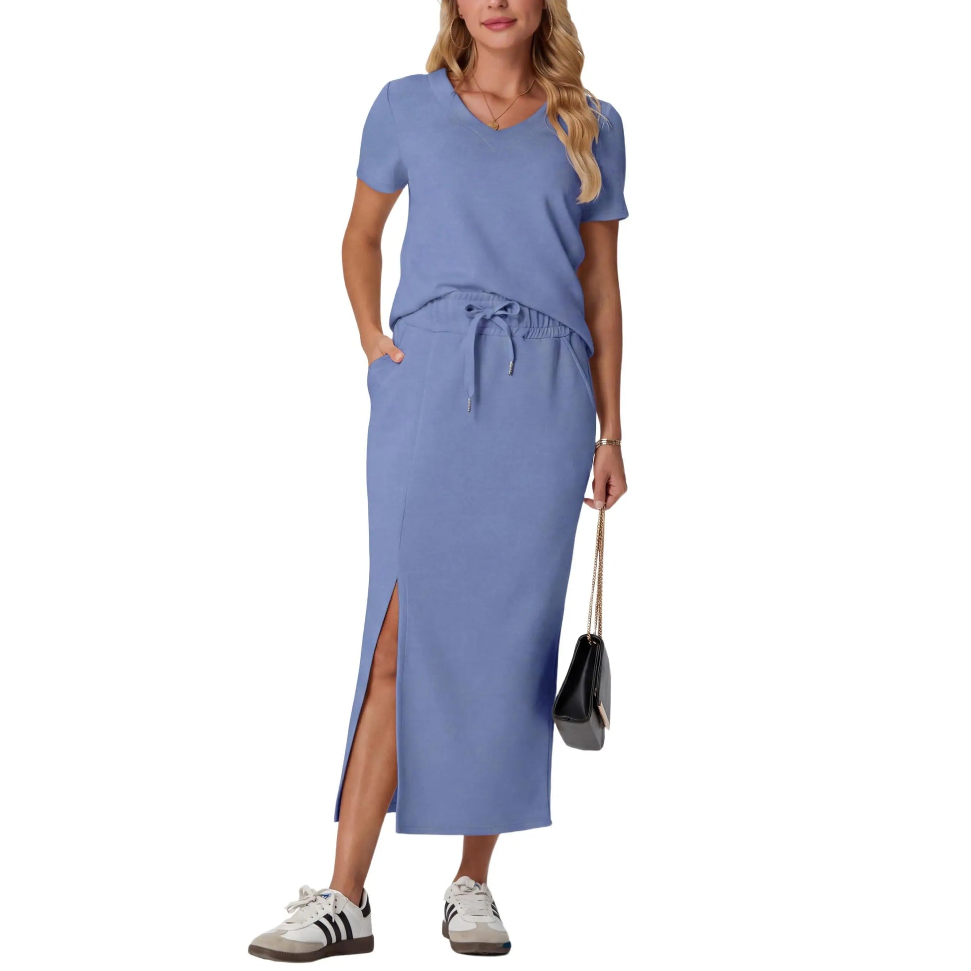 Elevate Your Summer Wardrobe with GRECERELLE's Stylish 2-Piece V-Neck Top and Midi Skirt Set