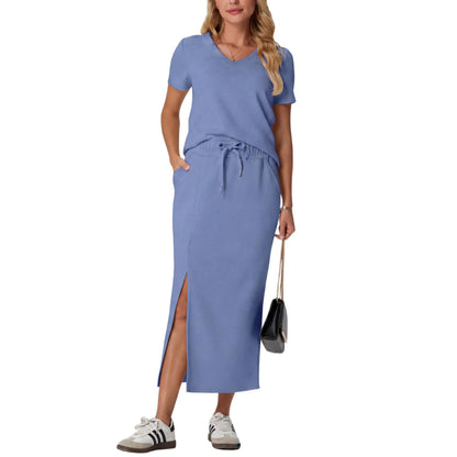 Elevate Your Summer Wardrobe with GRECERELLE's Stylish 2-Piece V-Neck Top and Midi Skirt Set