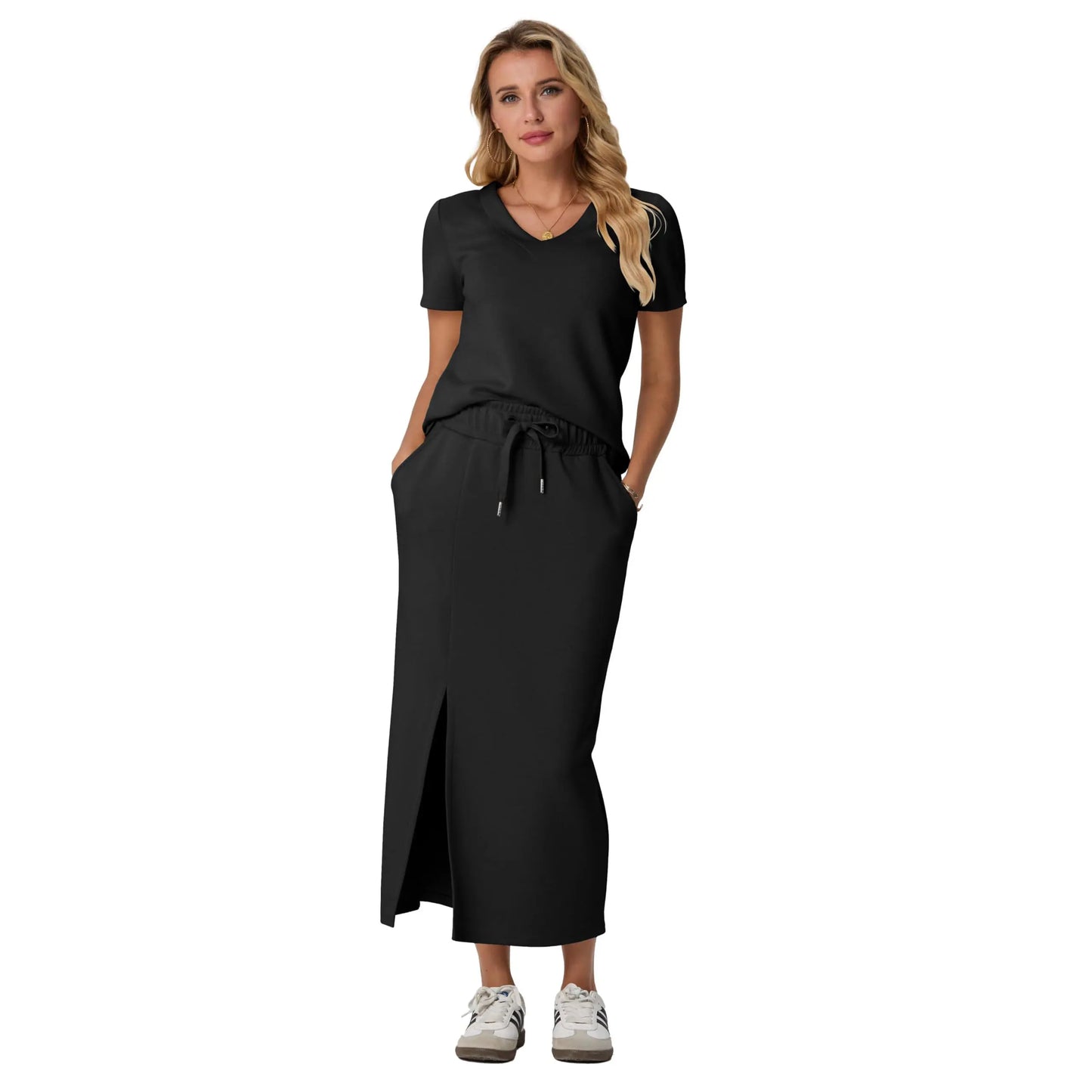 Elevate Your Summer Wardrobe with GRECERELLE's Stylish 2-Piece V-Neck Top and Midi Skirt Set