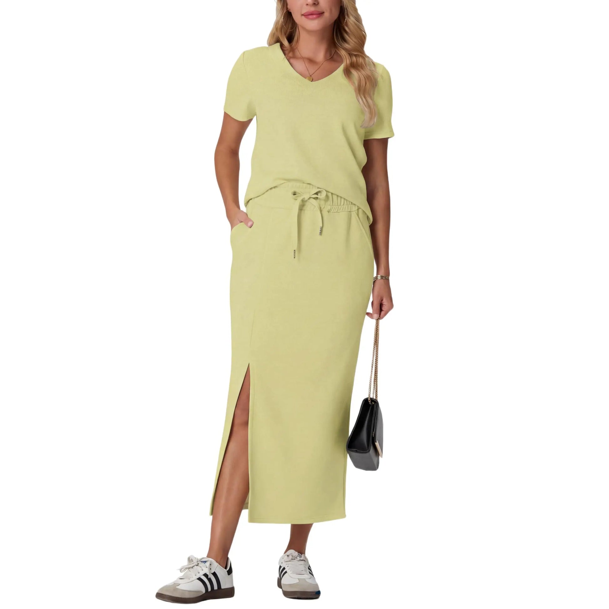 Elevate Your Summer Wardrobe with GRECERELLE's Stylish 2-Piece V-Neck Top and Midi Skirt Set